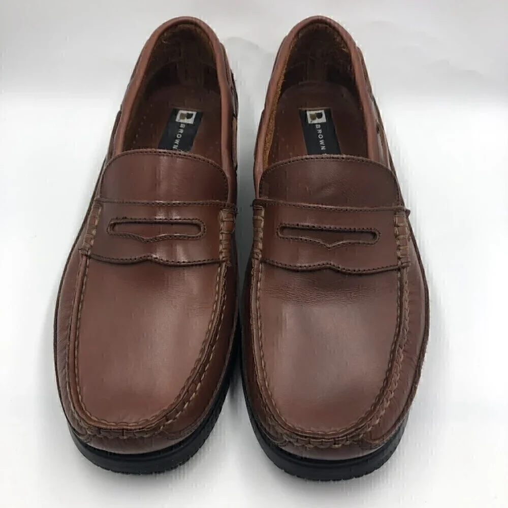 Brown Shoe Brand Men's Brown Leather Slip On Penny Loafers Size 10.5 Cas…
